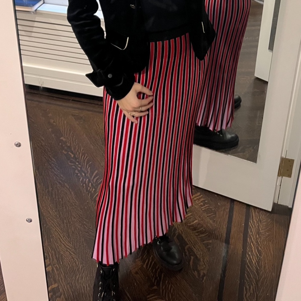 525 America accordion pleat pink red and black midi skirt